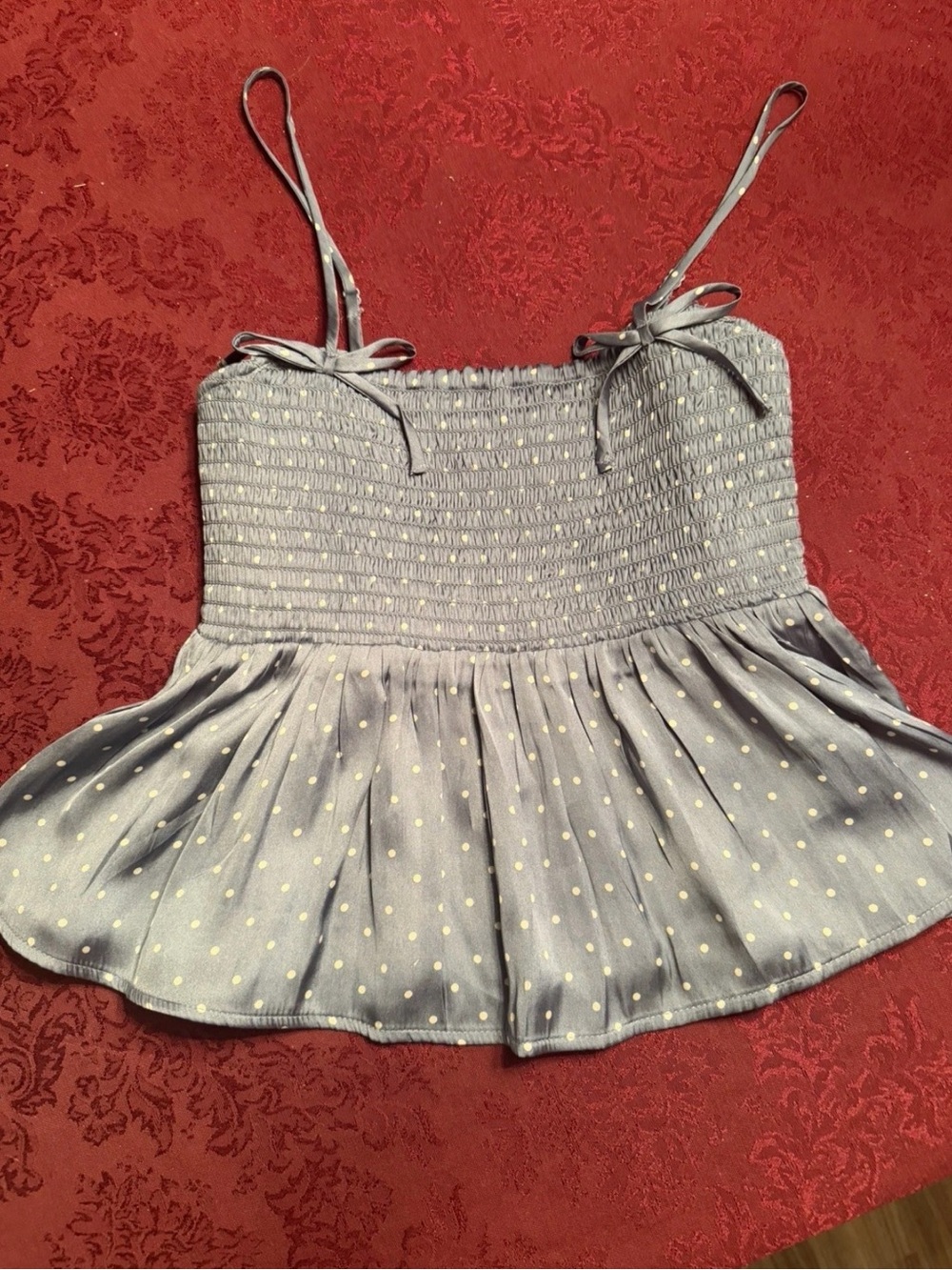 American Eagle Outfitters Light Gray Polka Dot Smocked Peplum Cami